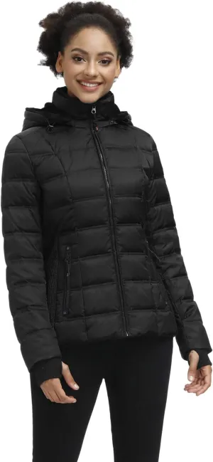 SLOW DOWN Women Down Puffer Jacket with Hood Hooded Winter Down Puffer Coat for Women with Faux-Fur Hood & Collar