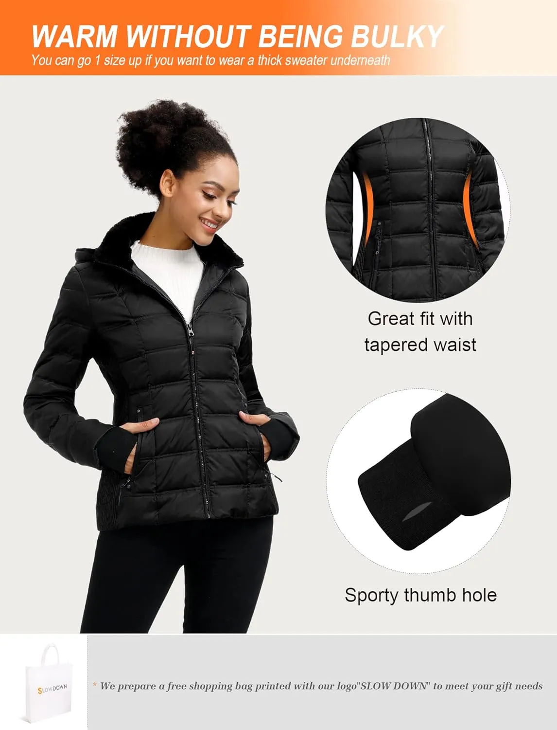 SLOW DOWN Women Down Puffer Jacket with Hood Hooded Winter Down Puffer Coat for Women with Faux-Fur Hood & Collar