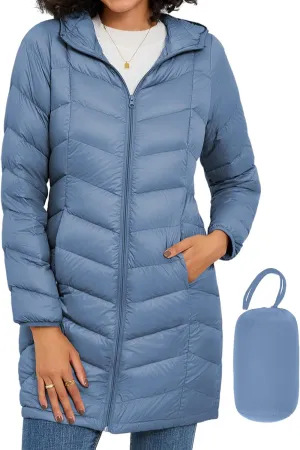 SLOW DOWN Women Lightweight Down Puffer Coat, Women Hooded Mid-Length Packable Winter Jacket with Packing Bag