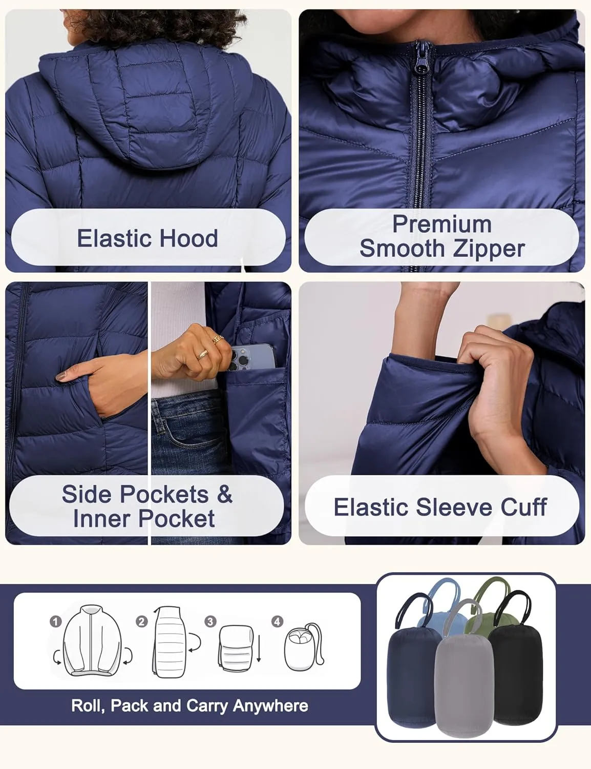 SLOW DOWN Women Lightweight Down Puffer Coat, Women Hooded Mid-Length Packable Winter Jacket with Packing Bag