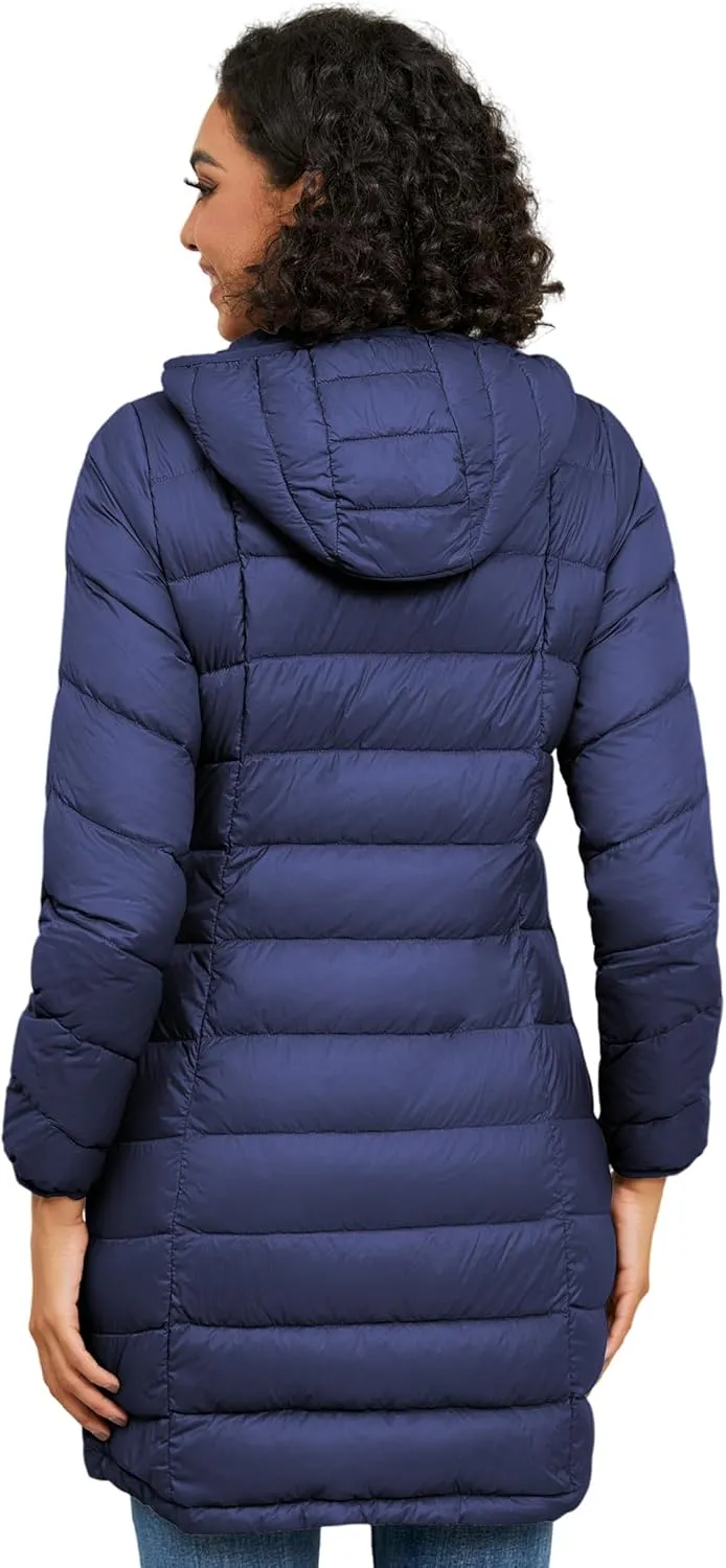 SLOW DOWN Women Lightweight Down Puffer Coat, Women Hooded Mid-Length Packable Winter Jacket with Packing Bag