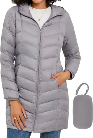 SLOW DOWN Women Lightweight Down Puffer Coat, Women Hooded Mid-Length Packable Winter Jacket with Packing Bag