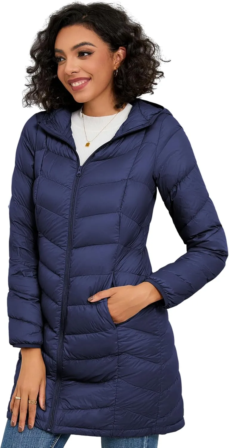 SLOW DOWN Women Lightweight Down Puffer Coat, Women Hooded Mid-Length Packable Winter Jacket with Packing Bag