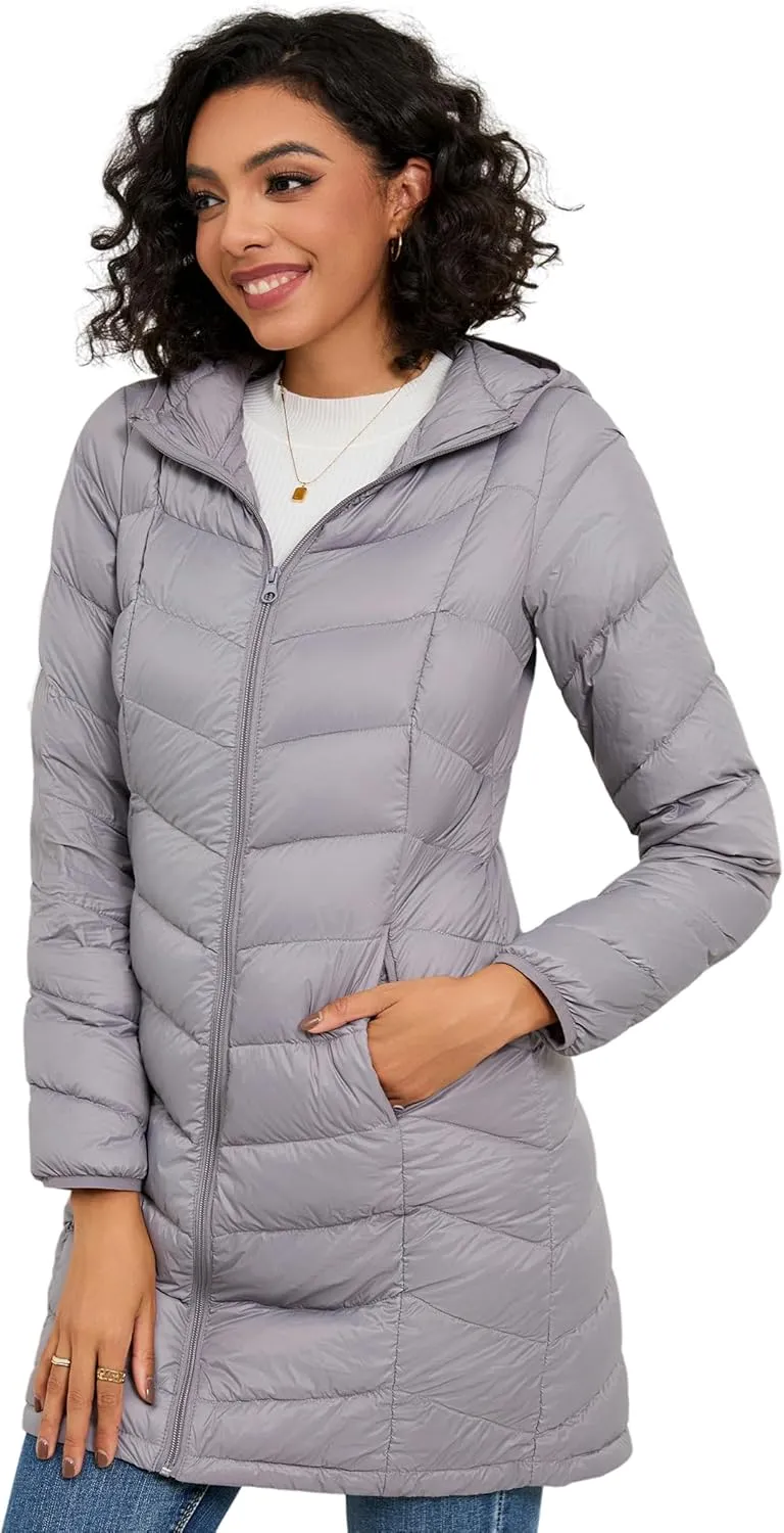 SLOW DOWN Women Lightweight Down Puffer Coat, Women Hooded Mid-Length Packable Winter Jacket with Packing Bag