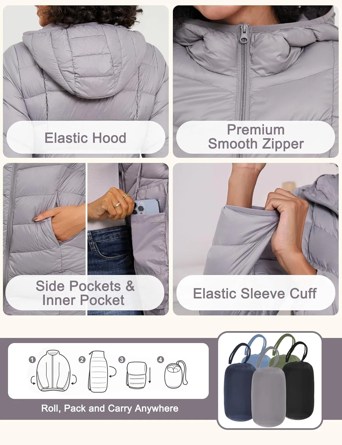 SLOW DOWN Women Lightweight Down Puffer Coat, Women Hooded Mid-Length Packable Winter Jacket with Packing Bag