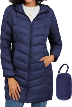 SLOW DOWN Women Lightweight Down Puffer Coat, Women Hooded Mid-Length Packable Winter Jacket with Packing Bag