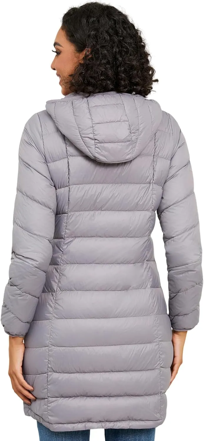 SLOW DOWN Women Lightweight Down Puffer Coat, Women Hooded Mid-Length Packable Winter Jacket with Packing Bag