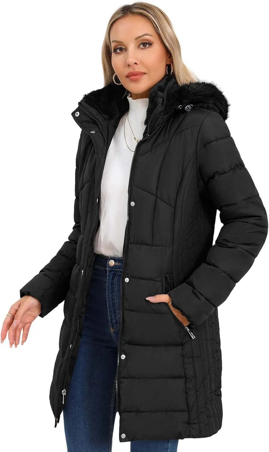 SLOWTOWN Women's Long Puffer Coat Thickened Winter Coat Warm Puffy Jacket with Detachable Hood