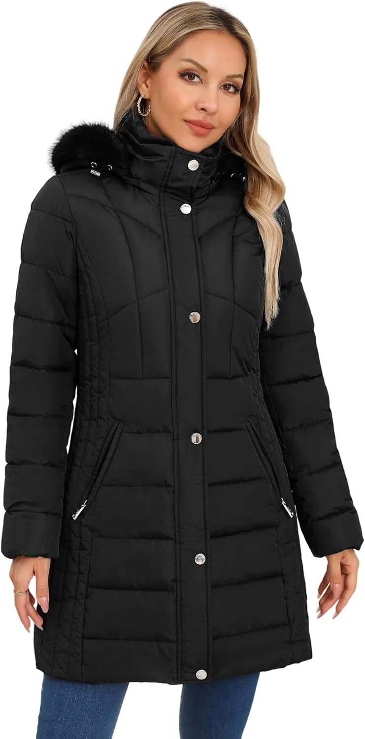SLOWTOWN Women's Long Puffer Coat Thickened Winter Coat Warm Puffy Jacket with Detachable Hood