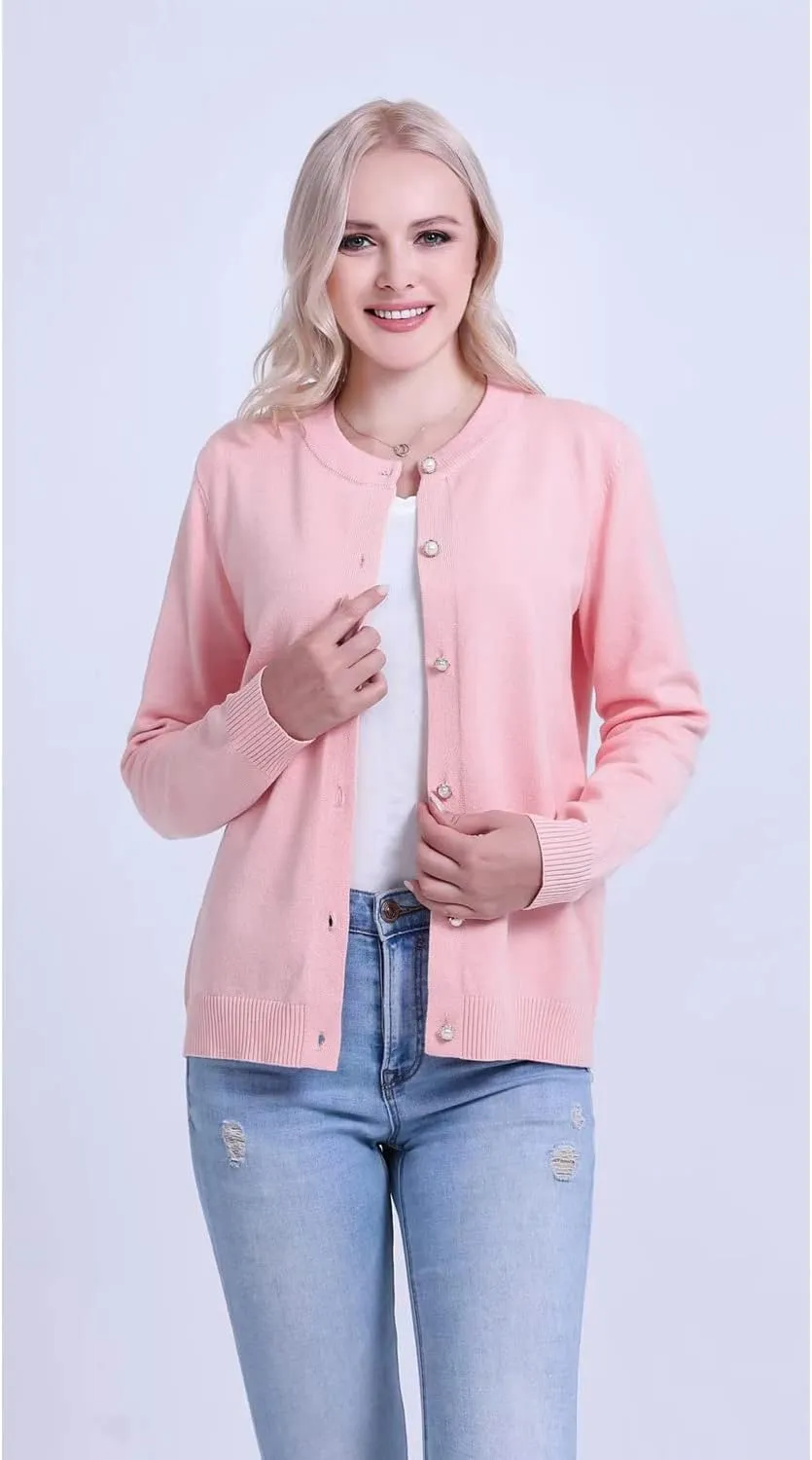 SMILING PINKER Women Cardigan Sweater Crewneck Pearl Button Knitted Tops Medium Weight