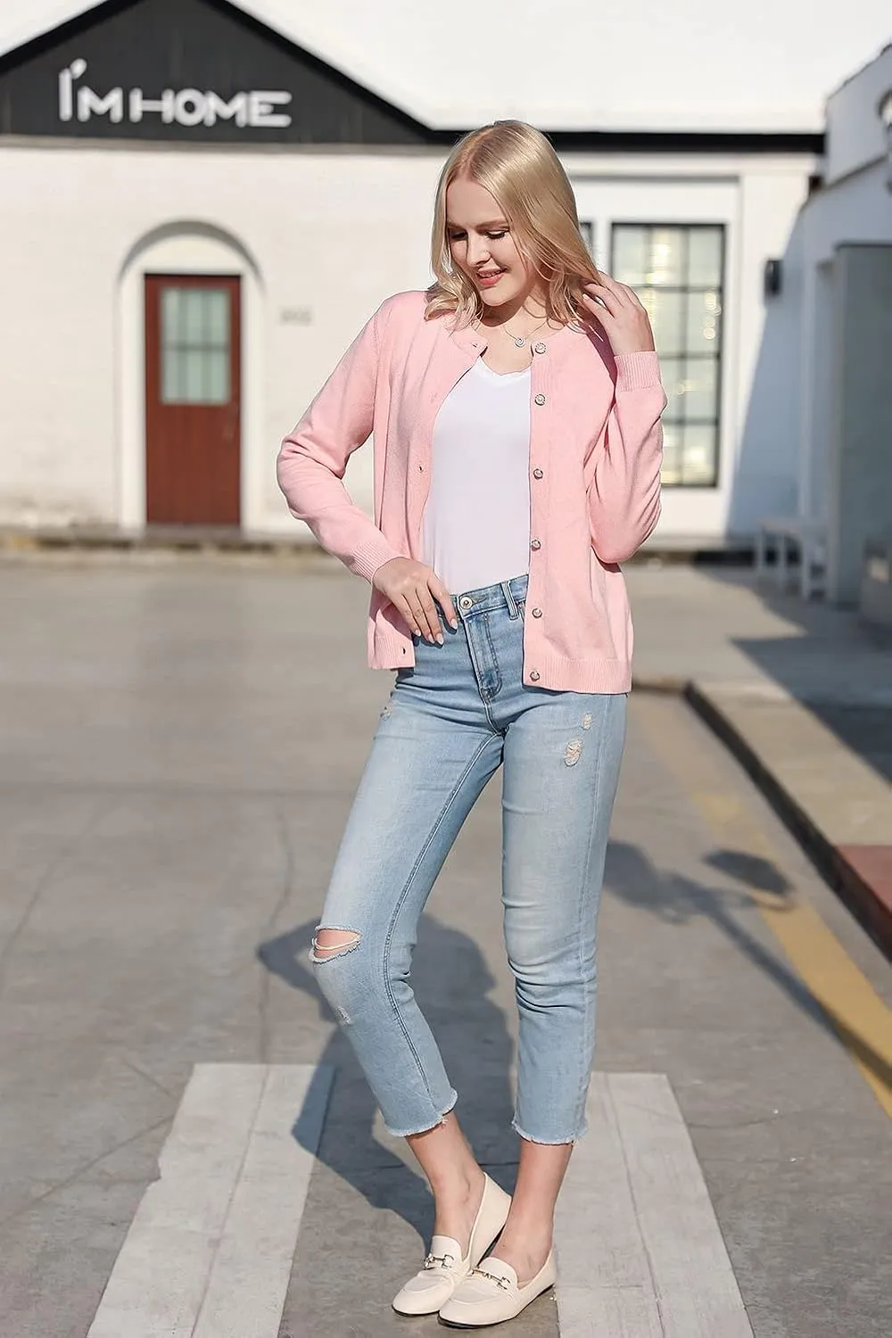 SMILING PINKER Women Cardigan Sweater Crewneck Pearl Button Knitted Tops Medium Weight