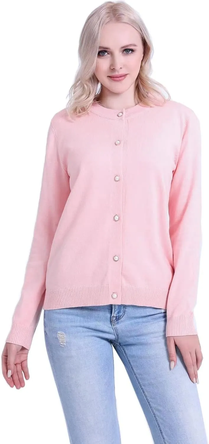 SMILING PINKER Women Cardigan Sweater Crewneck Pearl Button Knitted Tops Medium Weight