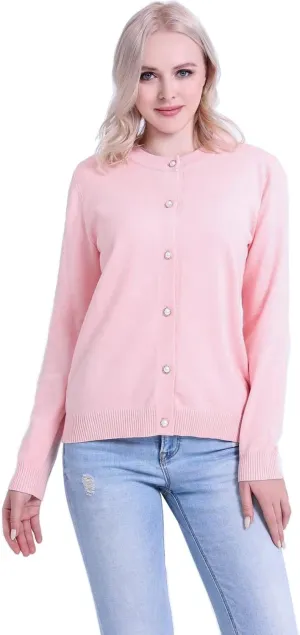 SMILING PINKER Women Cardigan Sweater Crewneck Pearl Button Knitted Tops Medium Weight