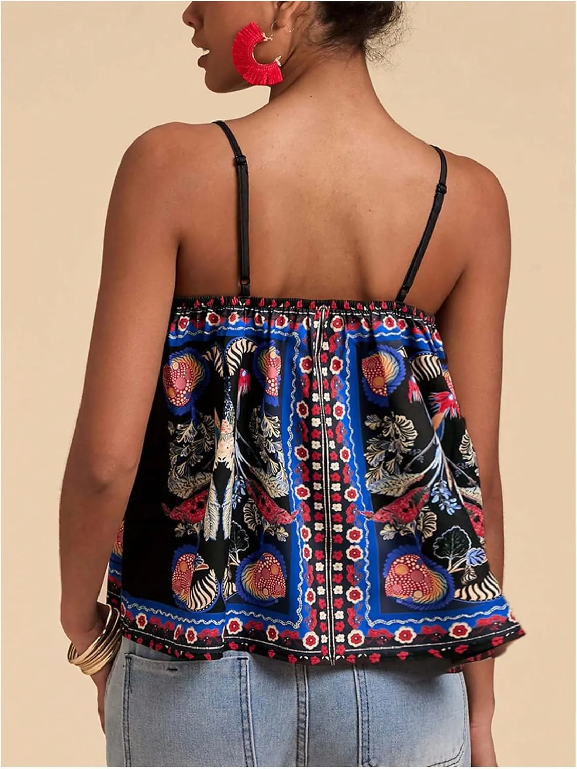 SOLY HUX Women's Boho Printed Camisole Spaghetti Strap Flared Cami Tops Beach Vacation Clothes