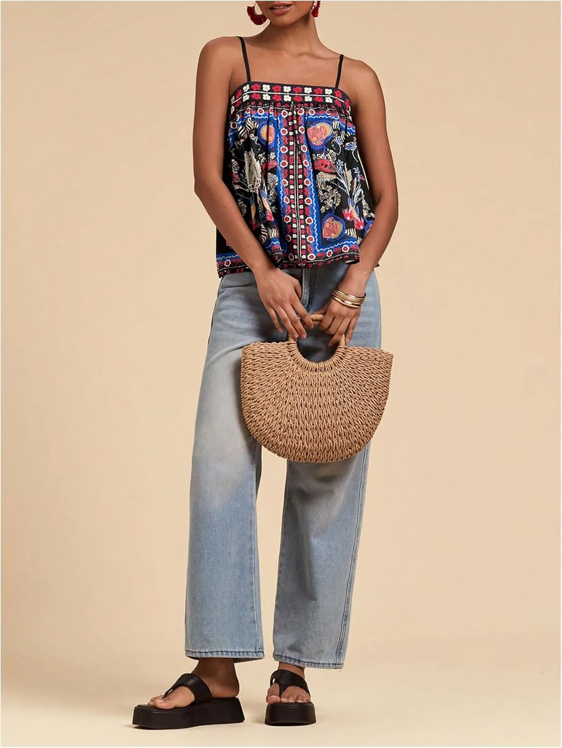 SOLY HUX Women's Boho Printed Camisole Spaghetti Strap Flared Cami Tops Beach Vacation Clothes