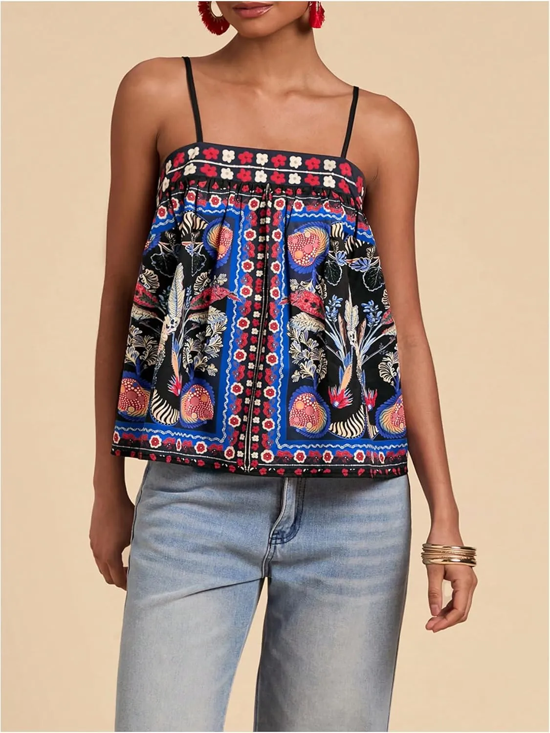 SOLY HUX Women's Boho Printed Camisole Spaghetti Strap Flared Cami Tops Beach Vacation Clothes