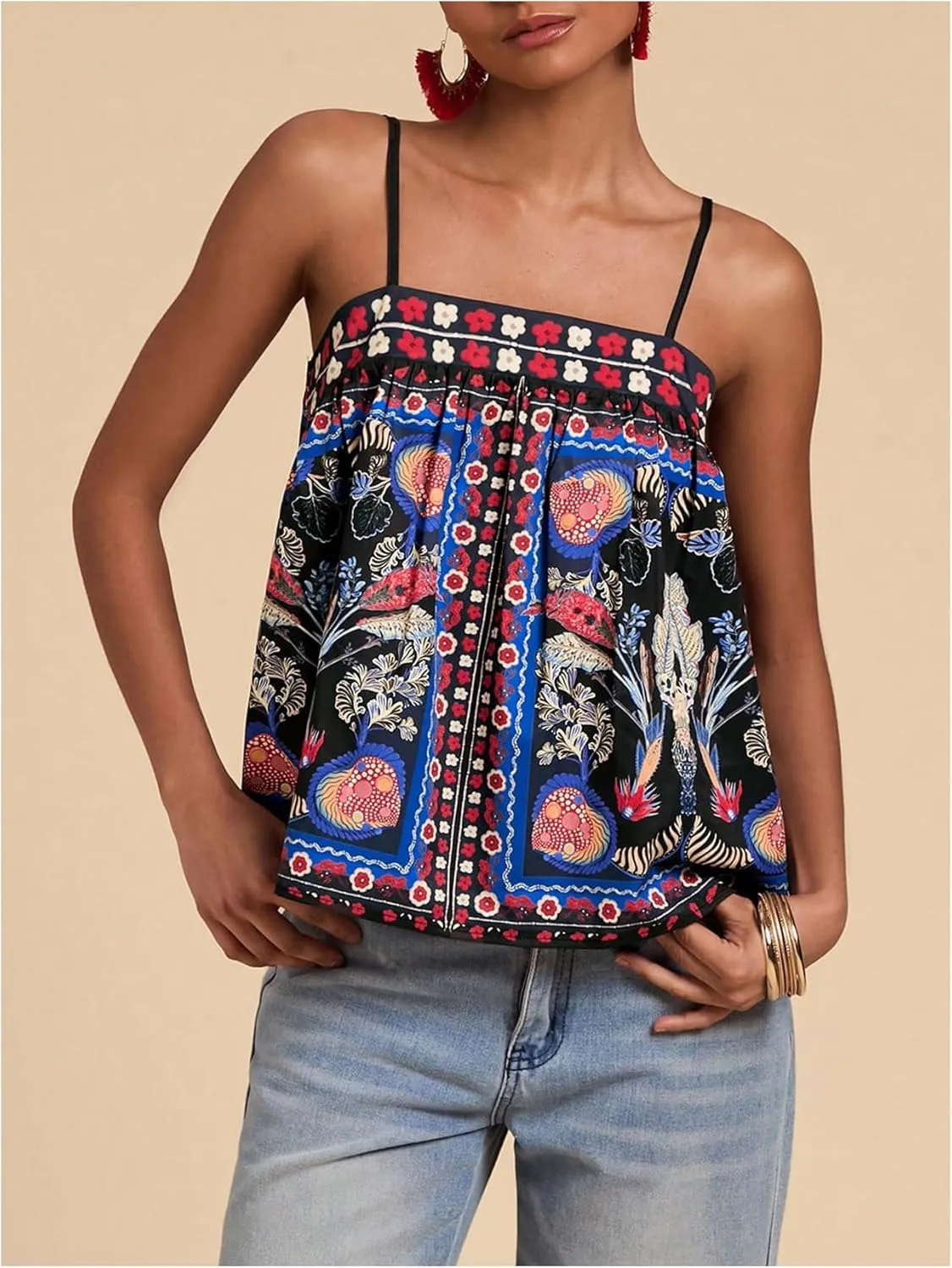 SOLY HUX Women's Boho Printed Camisole Spaghetti Strap Flared Cami Tops Beach Vacation Clothes