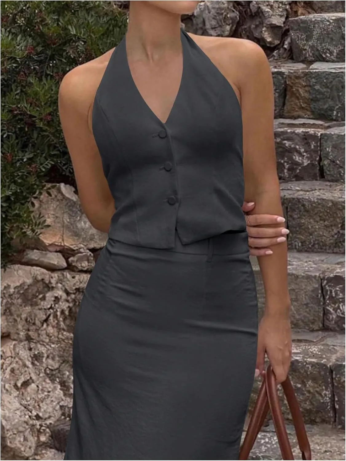 SOLY HUX Women's Button Down Suit Vest Halter V Neck Backless Waistcoat Sleeveless Tank Tops