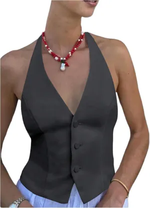 SOLY HUX Women's Button Down Suit Vest Halter V Neck Backless Waistcoat Sleeveless Tank Tops