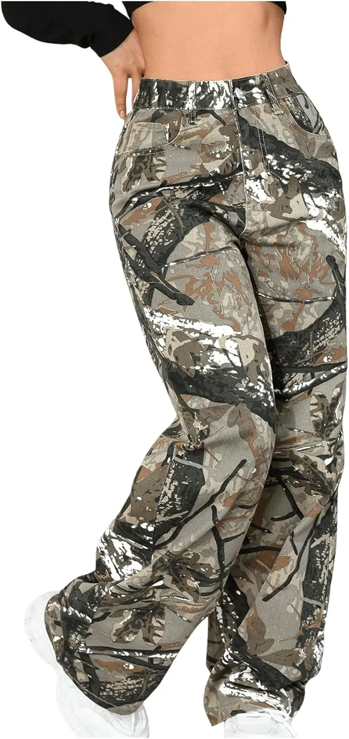 SOLY HUX Women's Camo Pants High Waisted Baggy Straight Leg Trousers Jeans with Pockets