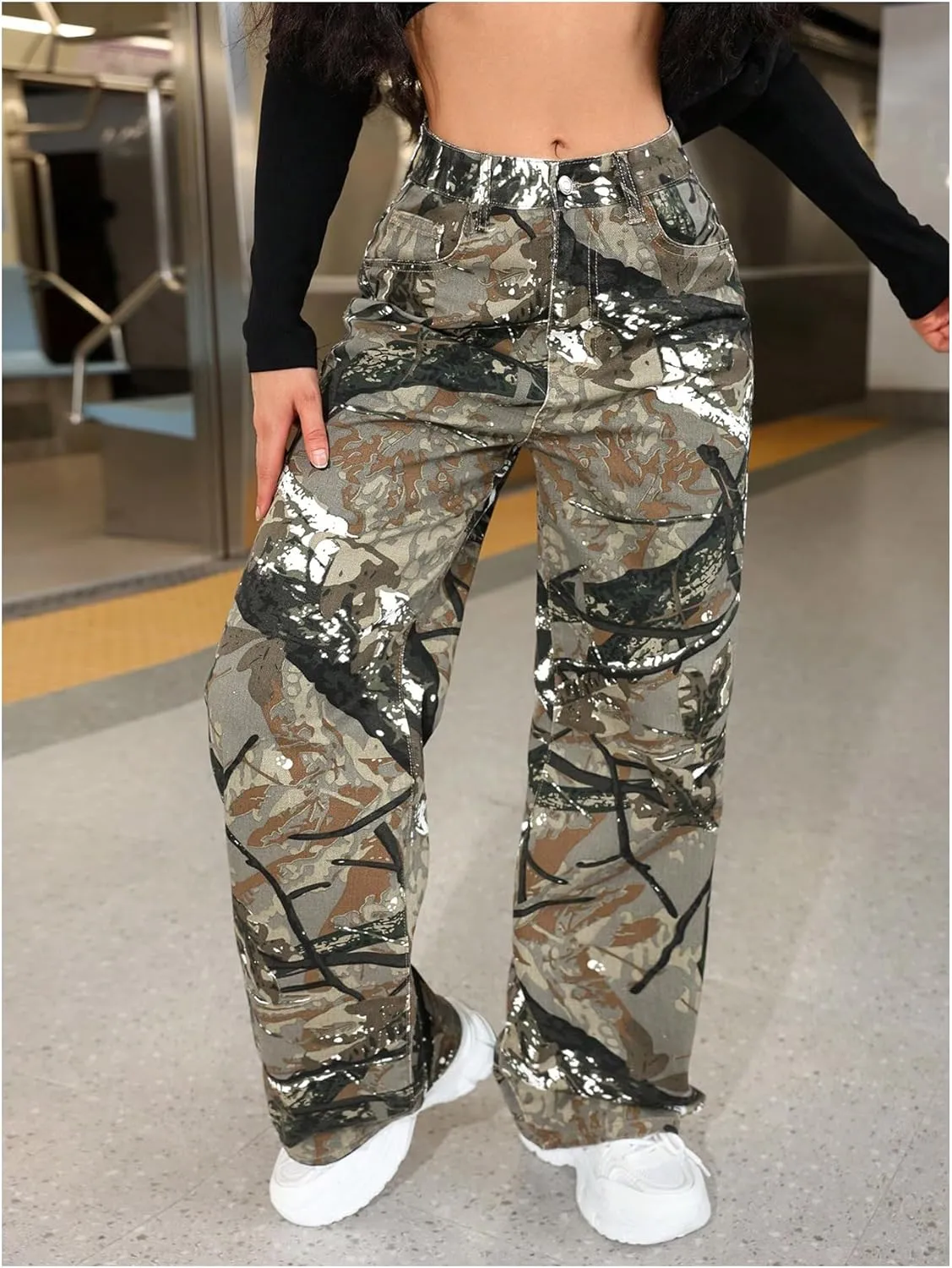 SOLY HUX Women's Camo Pants High Waisted Baggy Straight Leg Trousers Jeans with Pockets