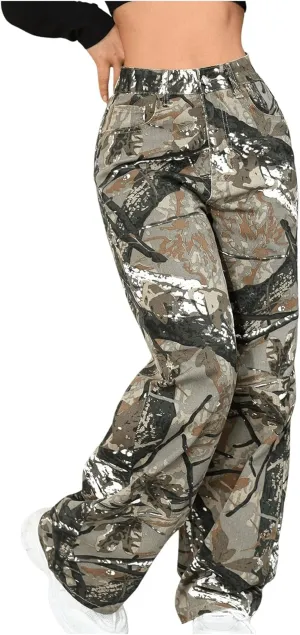 SOLY HUX Women's Camo Pants High Waisted Baggy Straight Leg Trousers Jeans with Pockets