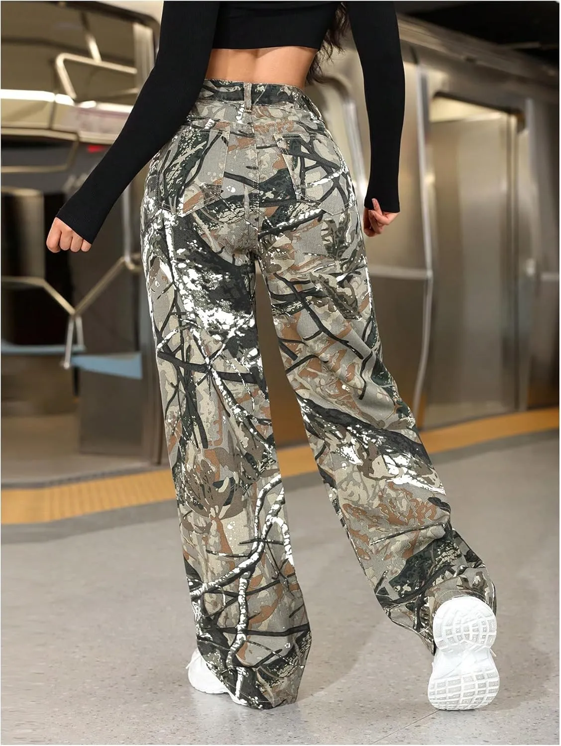 SOLY HUX Women's Camo Pants High Waisted Baggy Straight Leg Trousers Jeans with Pockets