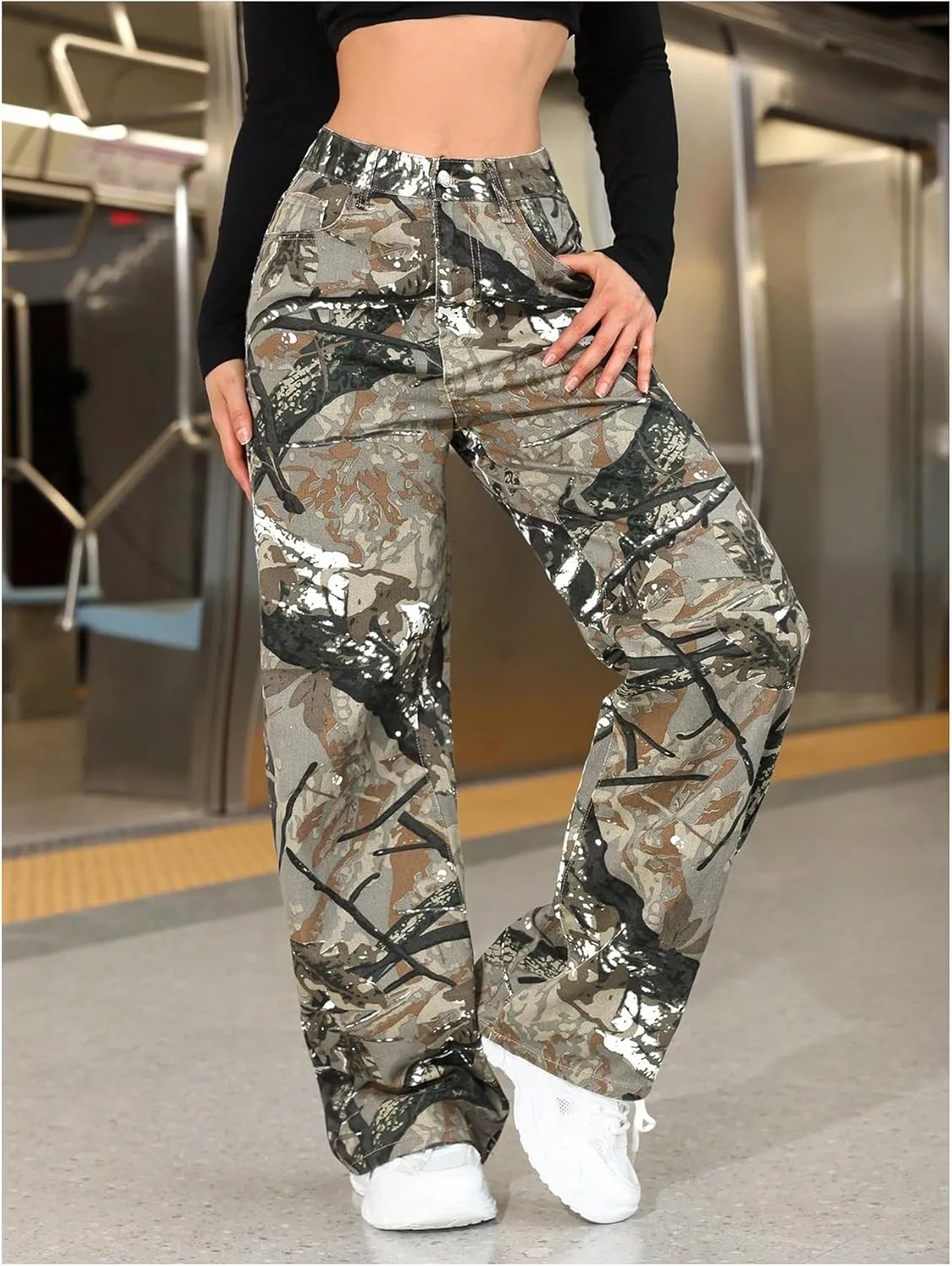 SOLY HUX Women's Camo Pants High Waisted Baggy Straight Leg Trousers Jeans with Pockets