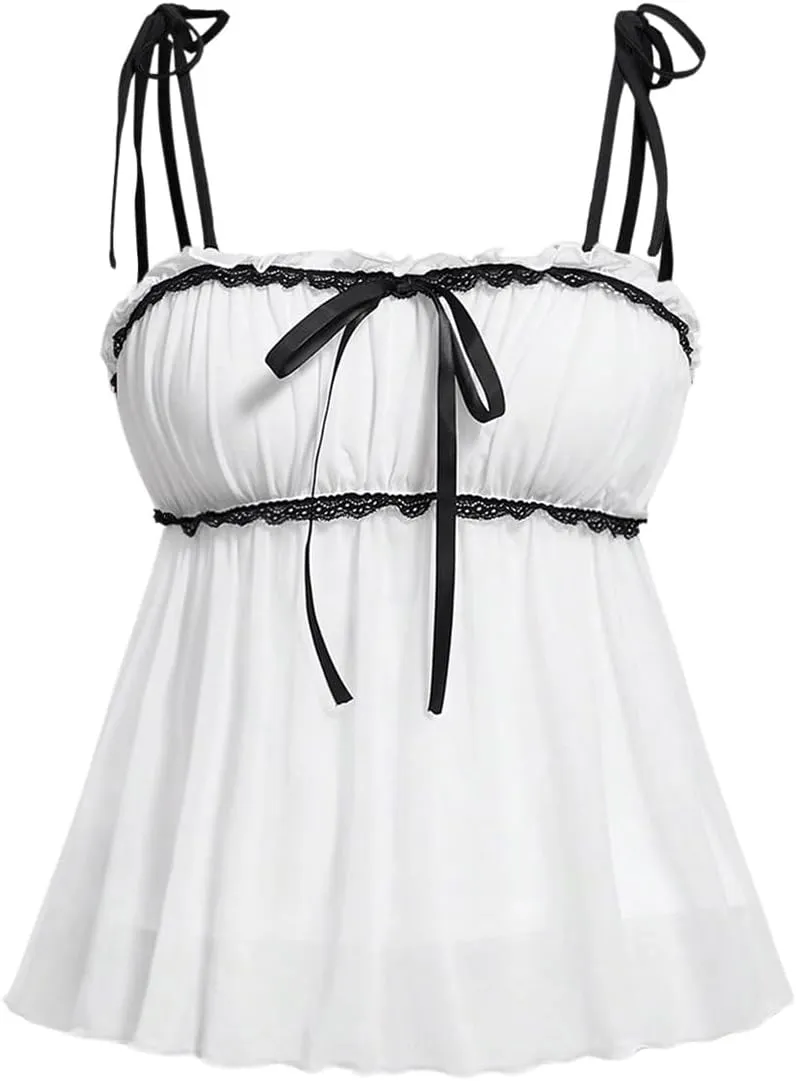SOLY HUX Women's Lace Trim Tie Shoulder Spaghetti Strap Cami Tops Summer Camisole