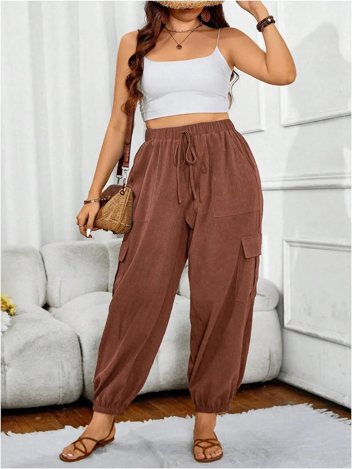 SOLY HUX Women's Plus Size High Waist Cargo Pants Casual Loose Baggy Jogger Pants Trousers Pockets