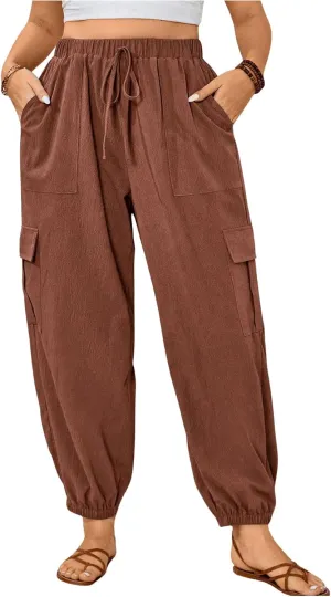 SOLY HUX Women's Plus Size High Waist Cargo Pants Casual Loose Baggy Jogger Pants Trousers Pockets