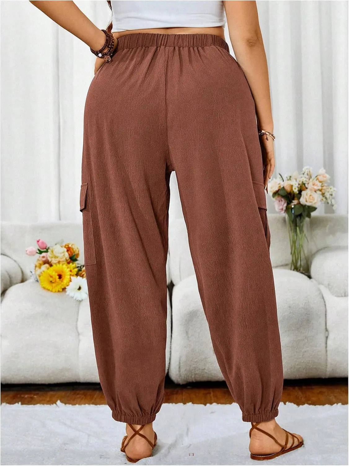 SOLY HUX Women's Plus Size High Waist Cargo Pants Casual Loose Baggy Jogger Pants Trousers Pockets