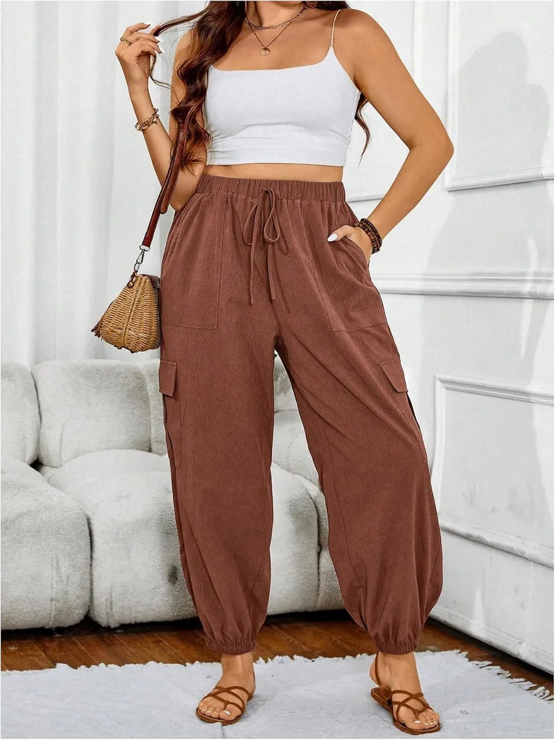 SOLY HUX Women's Plus Size High Waist Cargo Pants Casual Loose Baggy Jogger Pants Trousers Pockets