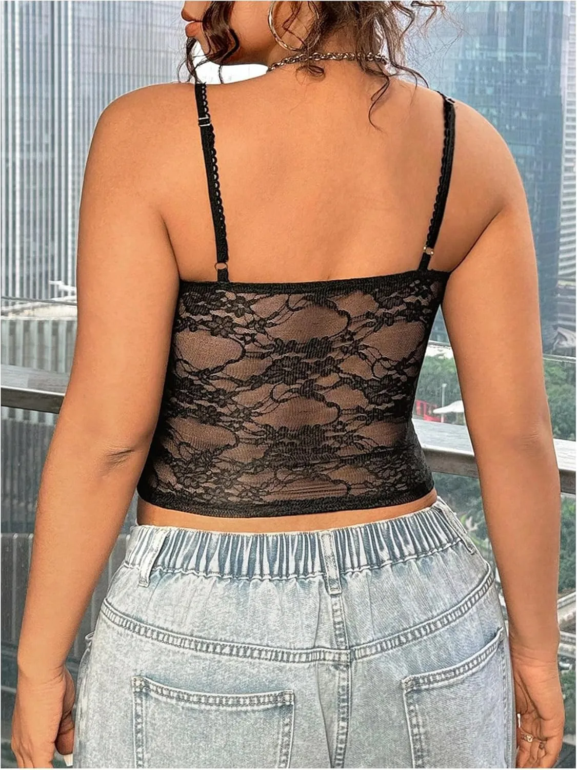 SOLY HUX Women's Plus Size Lace Sheer Camisole Spaghetti Strap Tight Fitted Crop Cami Tops