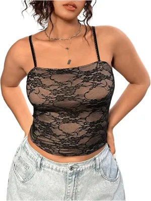 SOLY HUX Women's Plus Size Lace Sheer Camisole Spaghetti Strap Tight Fitted Crop Cami Tops