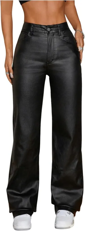 SOLY HUX Women's Straight Leg Pants High Waisted Casual PU Leather Long Trousers