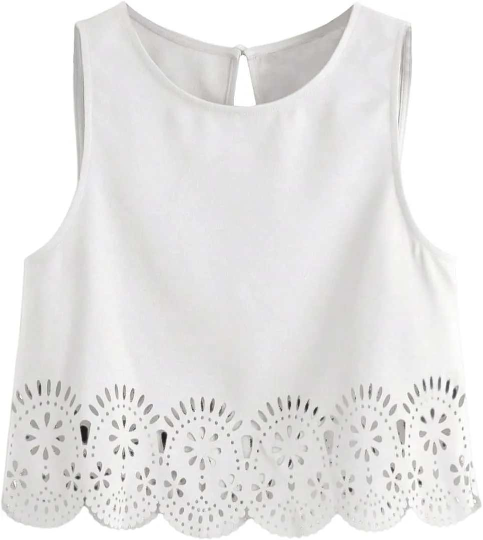 SOLY HUX Women's Summer Tank Tops Hollow Out Scallop Trim Sleeveless Vest Crop Top