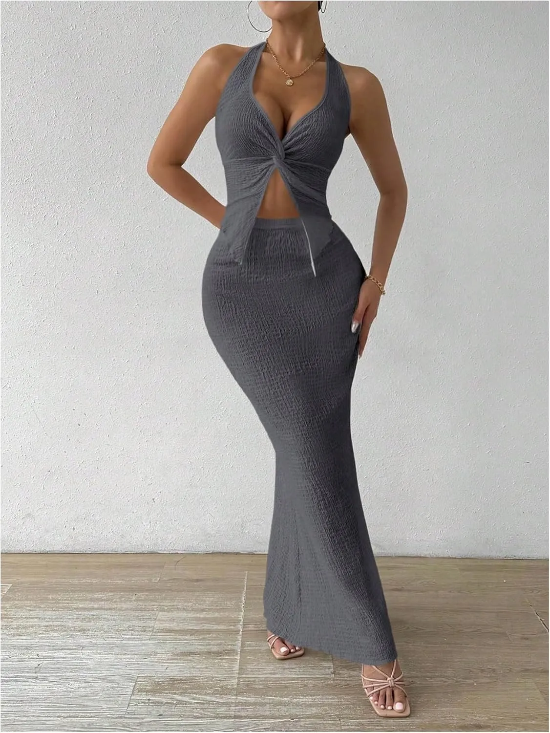SOLY HUX Women's Two Piece Outfits Twist Front Halter Cami Tops and Skirt Summer Set