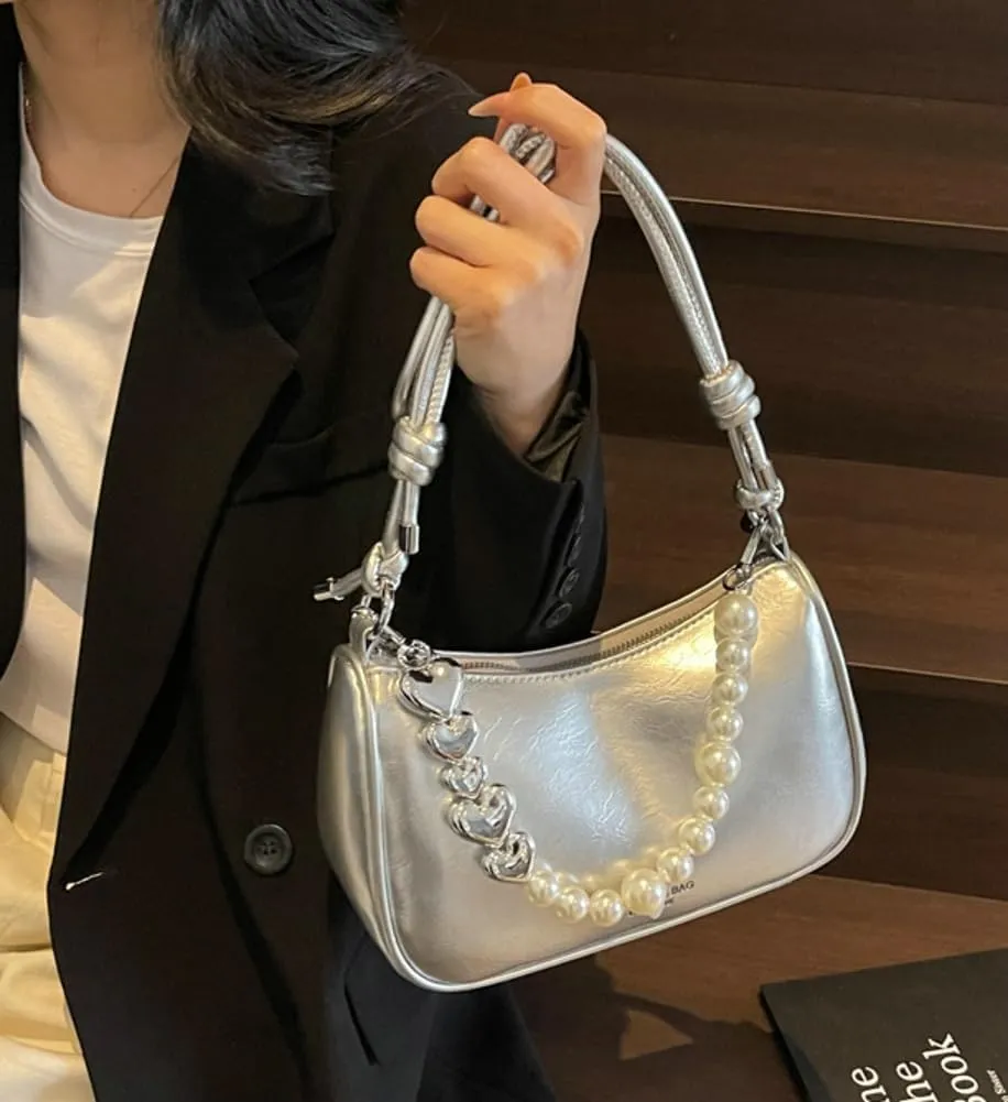 Solyinne Clutch Purse for Women Handbag with Pearl Chain PU Leather Fashionable Shoulder Bags Armpit Bag