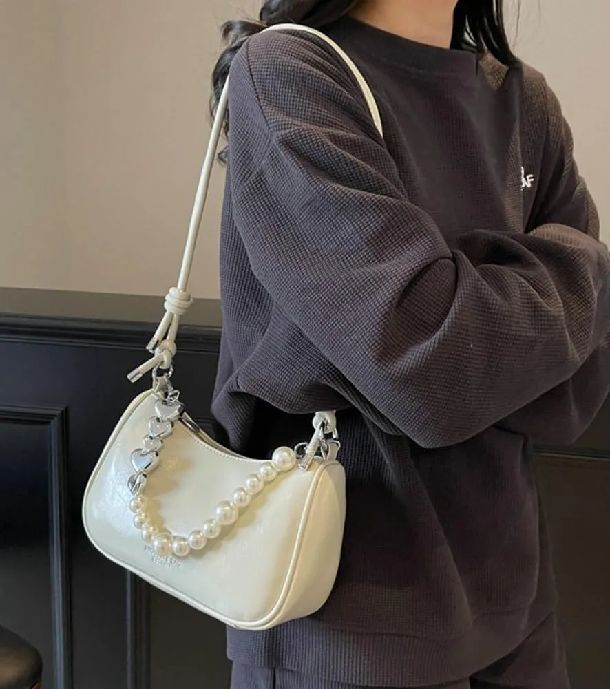 Solyinne Clutch Purse for Women Handbag with Pearl Chain PU Leather Fashionable Shoulder Bags Armpit Bag