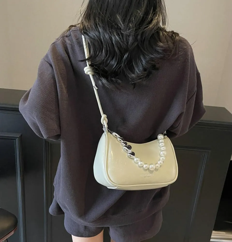 Solyinne Clutch Purse for Women Handbag with Pearl Chain PU Leather Fashionable Shoulder Bags Armpit Bag