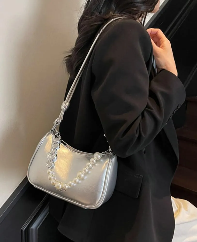 Solyinne Clutch Purse for Women Handbag with Pearl Chain PU Leather Fashionable Shoulder Bags Armpit Bag