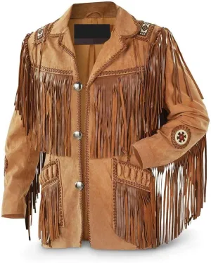 SpazeUp Mens Suede Leather Native American Brown Fringe Western Style Cowboy Jacket - Traditional Fashionable Coat Men