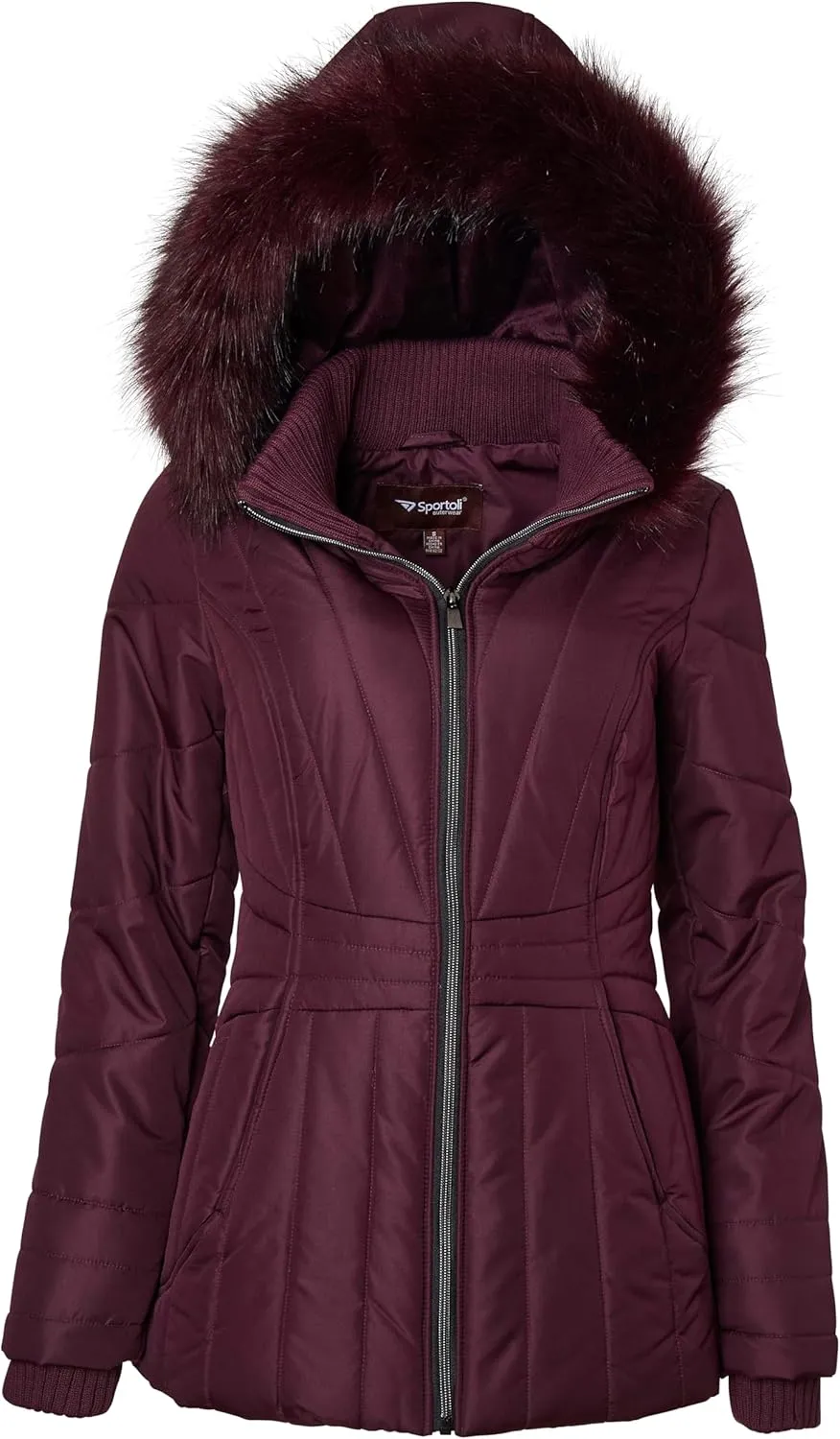 Sportoli Womens Winter Coat Faux Fur Trim Hooded Down Alternative Puffer Jacket