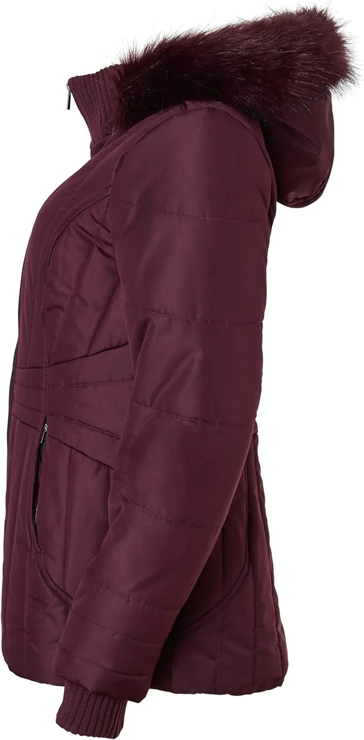 Sportoli Womens Winter Coat Faux Fur Trim Hooded Down Alternative Puffer Jacket