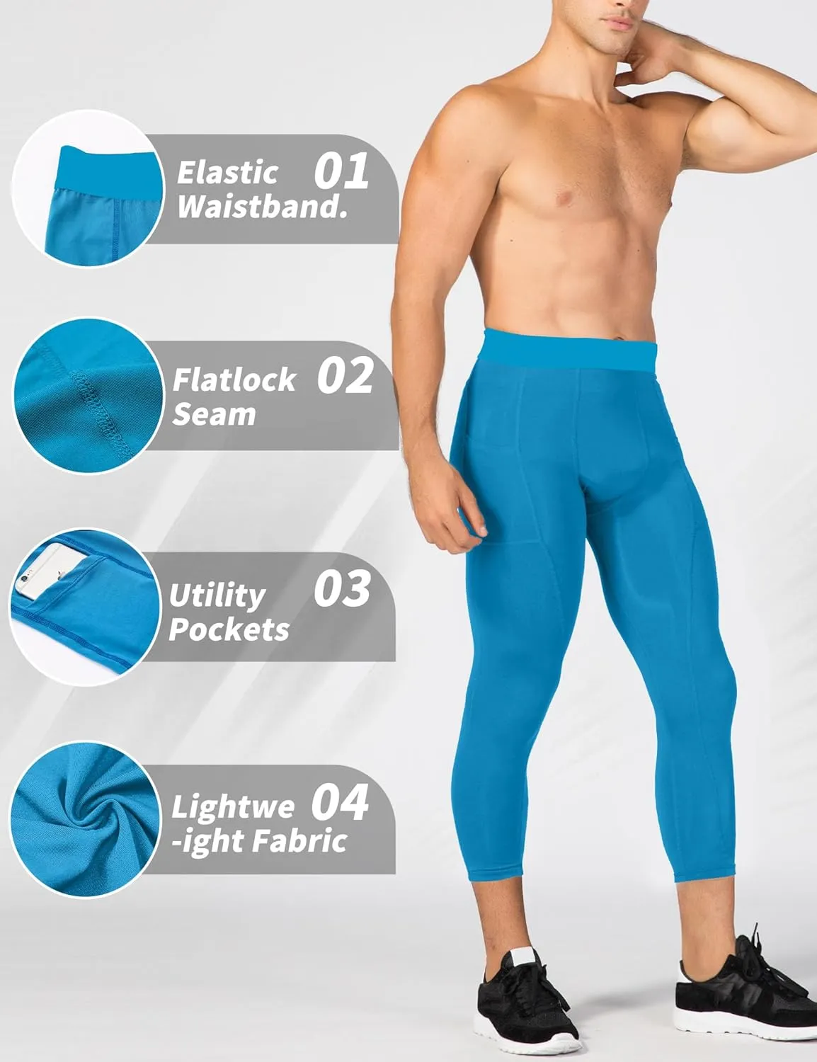 SPVISE Men's 3/4 Compression Pants Athletic Capri Leggings Dry Fit Running Tights with Pocket Basketball Sports Gym Baselayer