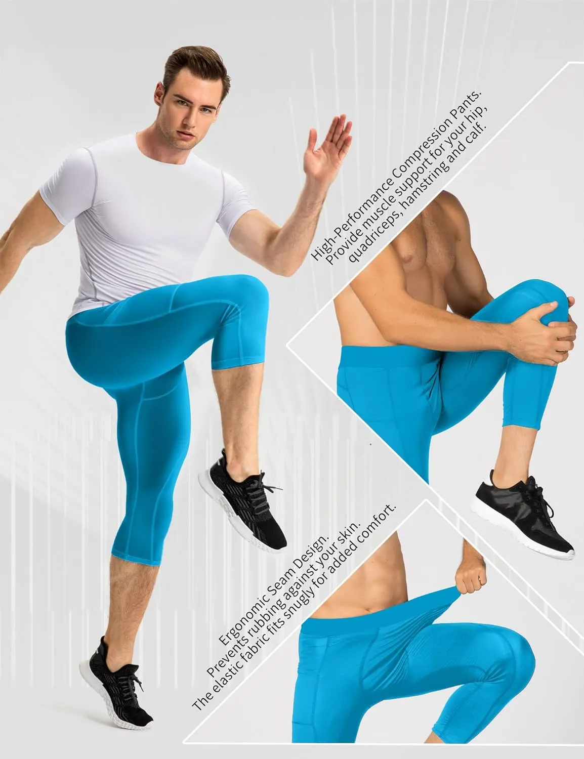 SPVISE Men's 3/4 Compression Pants Athletic Capri Leggings Dry Fit Running Tights with Pocket Basketball Sports Gym Baselayer