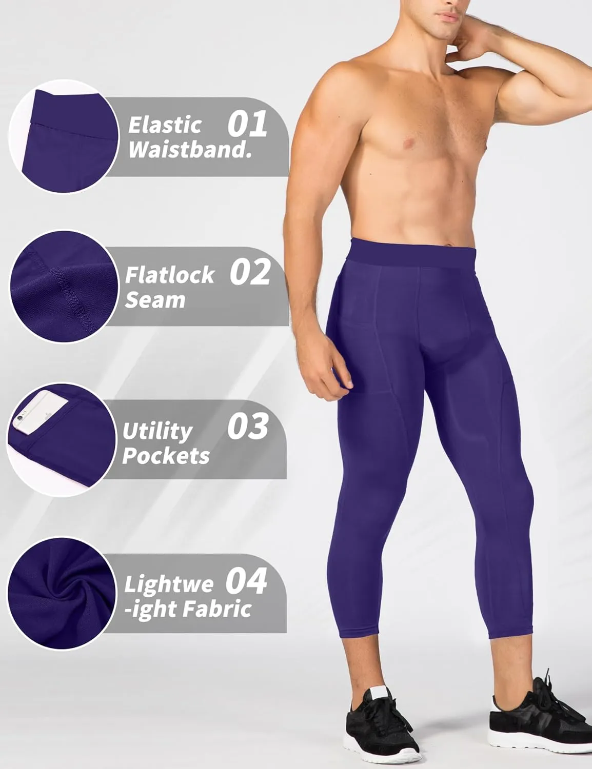 SPVISE Men's 3/4 Compression Pants Athletic Capri Leggings Dry Fit Running Tights with Pocket Basketball Sports Gym Baselayer