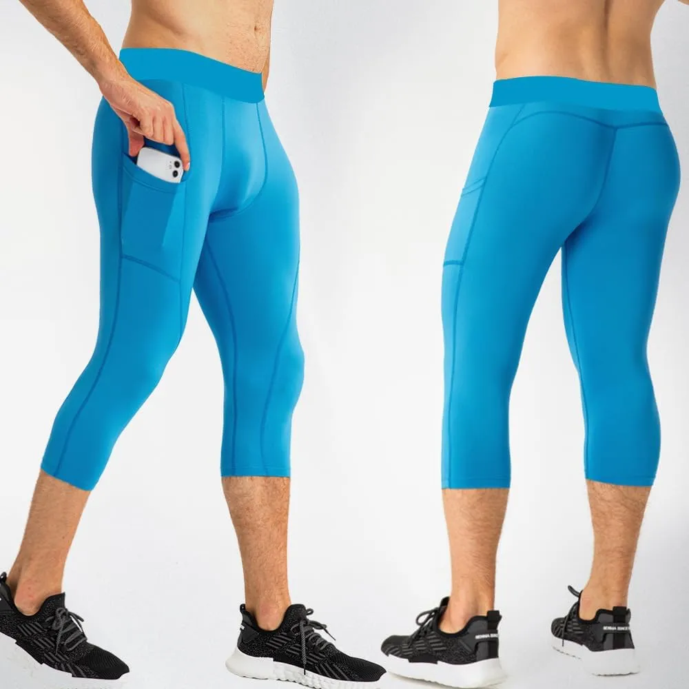 SPVISE Men's 3/4 Compression Pants Athletic Capri Leggings Dry Fit Running Tights with Pocket Basketball Sports Gym Baselayer