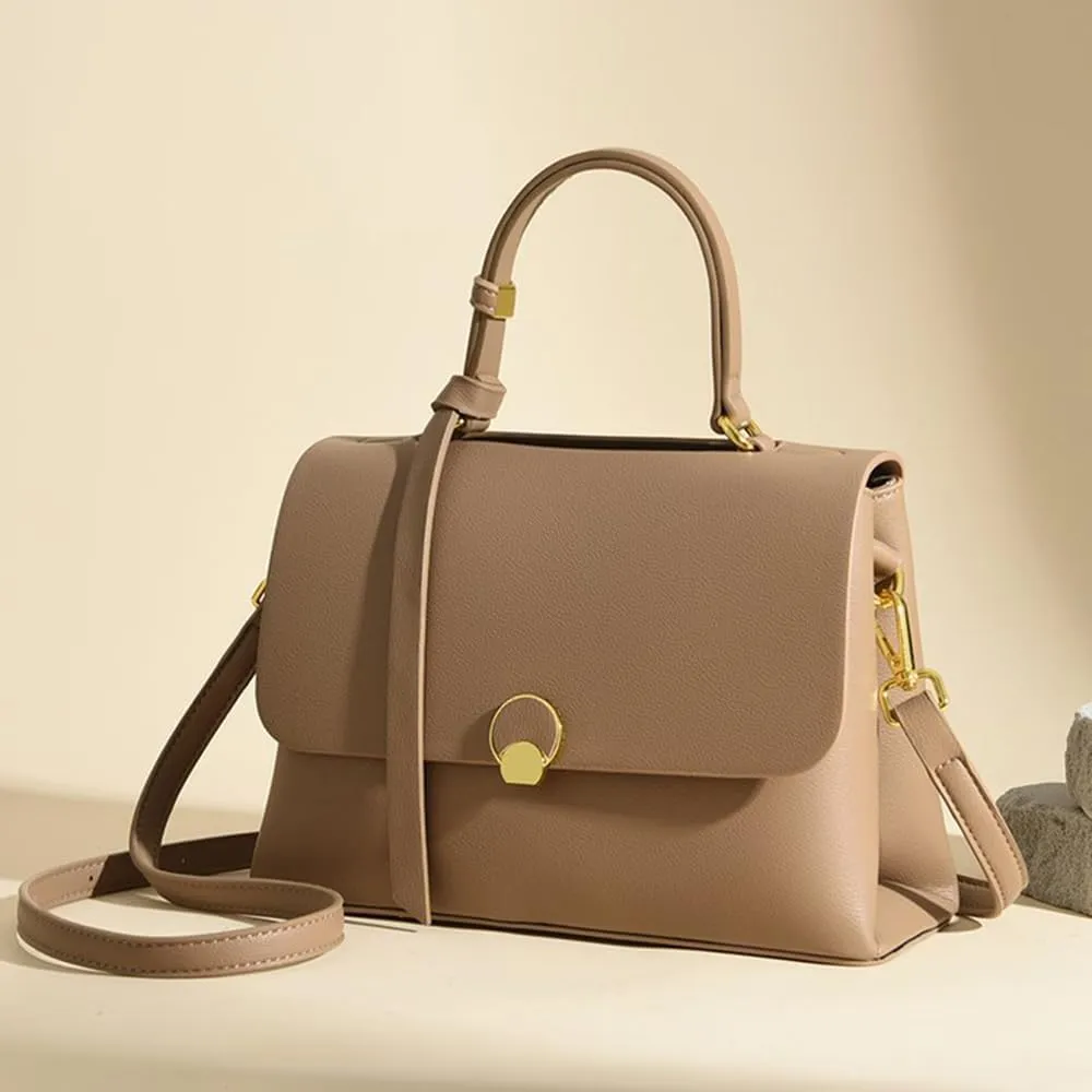 Stylish Top Handle Crossbody Bag for Women - Leather Shoulder Bag Flap Purse - Fashionable Ladies Tote Satchel (White Brown)